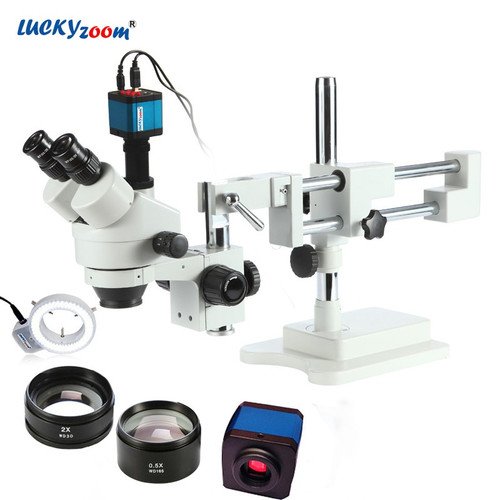 Luckyzoom 3.5X-90X Double Boom Stereo Zoom Trinocular Microscope 14MP Camera 144LED Objective Lens Microscopio Free Shipping