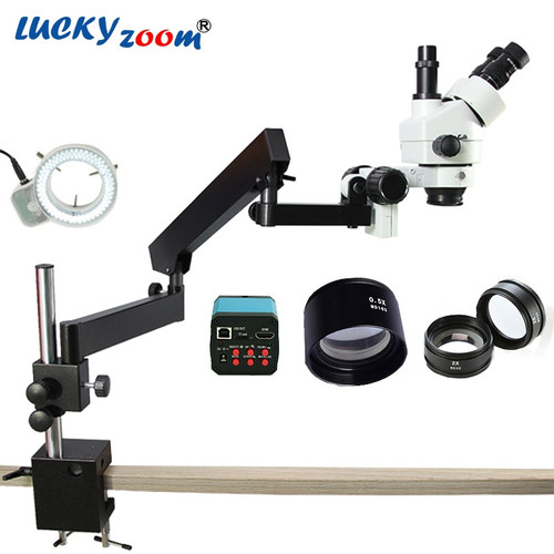 Lucky Zoom 3.5X-90X Simul-Focuse Articulating Arm Pillar Stand Stereo Microscope 14MP HDMI Camera 144LED Light Phone Microscopio