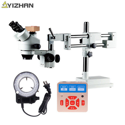 7X-45X Simul-Focal Double Boom Stand Trinocular Stereo Zoom Microscope 28MP HDMI Camera Ring Light digital microscope stand