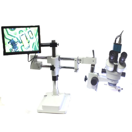 3.5X-90X Simul Focal industry Trinocular Stereo Zoom Microscope with Double Arm Boom Stand+14MP HDMI USB Camera +2.0X 0.5X lens