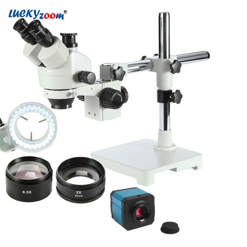 Lucky Zoom 3.5X-90X Simul-Focal Trinocular Microscope Boom Stand 14MP HDMI Camera Microscope For Soldering 144 LED Ring Light