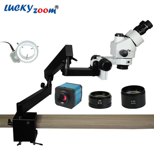Lucky Zoom 3.5X-90X Simul-Focuse Trinocular Articulating Arm Clamp Stereo Microscope 144 LED 14MP HDMI Microscopio Camera