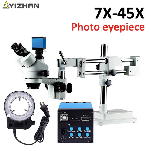 Simul-Focal Double Boom Stand Trinocular Stereo Zoom Microscope 7X-45X 16MP HDMI Camera 56pc Ring Light Microscopio digital