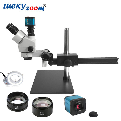 Luckyzoom 3.5X-90X Single Boom Guide Stand Stereo Zoom Trinocular Microscope 14MP Camera 144pcs LED Ring Light For Microscopio