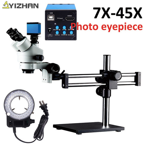 Simul-Focal Double Boom Stand Trinocular Stereo Zoom Microscope 16MP HDMI Camera 56p Ring Light Microscopio for soldering 7X-45X