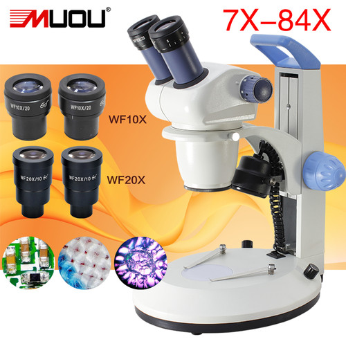 MUOU Binocular Stereo Microscope Industrial 10X-42X-84X Continuous zoom Magnification Upper and lower electric light sources