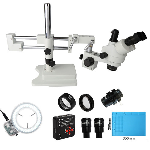 3.5X-90X Universal  Double Boom Stand Trinocular Stereo Microscope 20MP HDMI 1920x1080 Camera 144pc Ring Light SZM0.5X