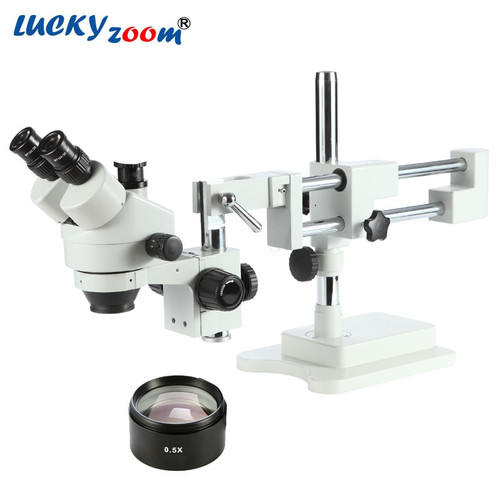 Luckyzoom Brand 3.5X-45X Double Boom Stand Trinocular Stereo Zoom Microscope Set WF10X/20MM Eyepieces SZM0.5X Auxillary Lens