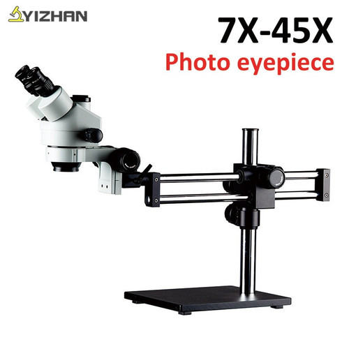 Simul-Focal 7X~45X Trinocular Stereo Microscop Universal Bracket Arms Double Boom Stand 56 LED Light microscope biological set