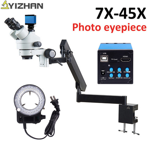 Simul-Focuse Articulating Arm Stereo Zoom Microscope 16MP HDMI Camera 56 LED Light trinocular stereo microscope stand 7X-45X