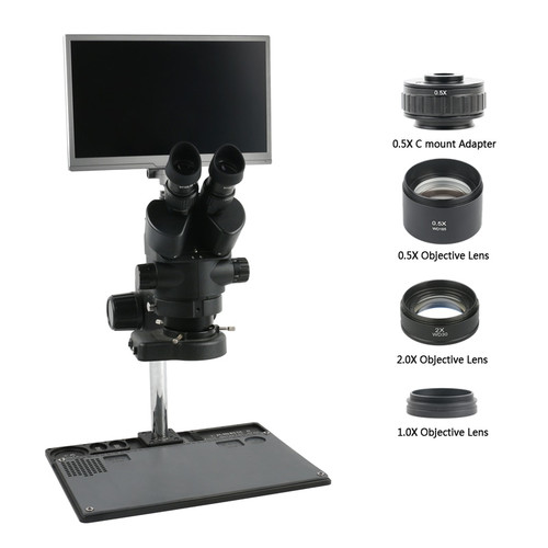 Measurement HDMI 11.6" LCD Monitor Video Microscopio Camera Simul-Focal 7X-45X Continuous Zoom Stereo Trinocular Microscope Set
