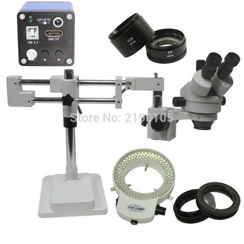3.5X-90X Double Arm Boom Stand Trinocular Stereo Zoom Microscope With 1080P HDMI Camera 144 LED Light Source Mobile CPU Repair