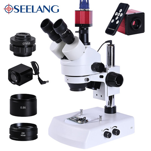 2k HD VGA HDMI camera Stereo trinocular digital Microscope zoom 3.5 90x + 1/3 adapter + LED Light soldering phone repair