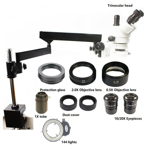 Simul-Focal 3.5X-90X Trinocular Stereo Microscope Articulating Arm Clamp Microscope 0.5X 2.0X Objective Lens 144 Light