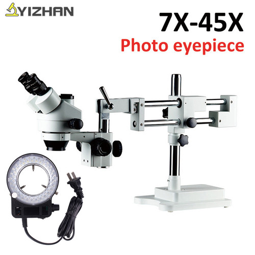 7X-45X Simul-Focal Double Boom Stand Trinocular Stereo Zoom Microscope with Led Light soldering microscope stand for cell phone