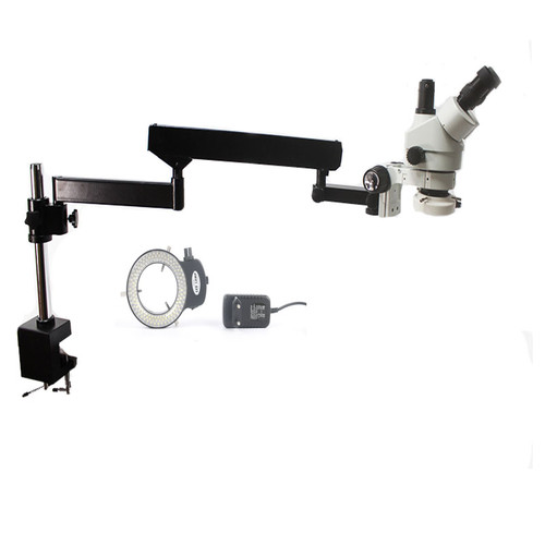 Simul-Focal 7X-45X Trinocular Stereo Microscope Articulating Arm Clamp Microscope 144 Led ring Light lamp