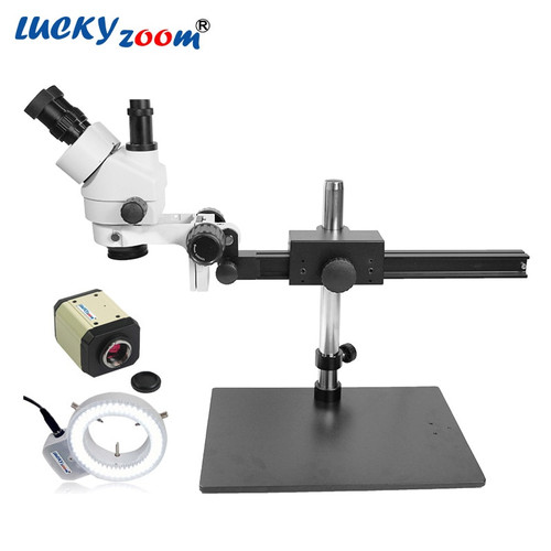 Lucky Zoom Brand 7X-45X Flexible Stand Microscope Trinocular 2MP VGA AV USB Microscope Camera 144Pcs Led Ring Light Source