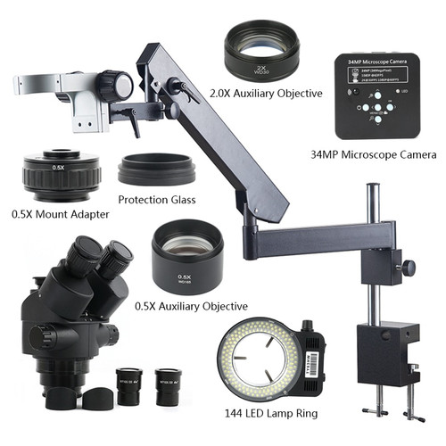 3.5X-90X Zoom Simul Focal Trinocular Microscope Adjustable Direction Articulating Arm Pillar Clamp + 34MP HDMI USB Video Camera