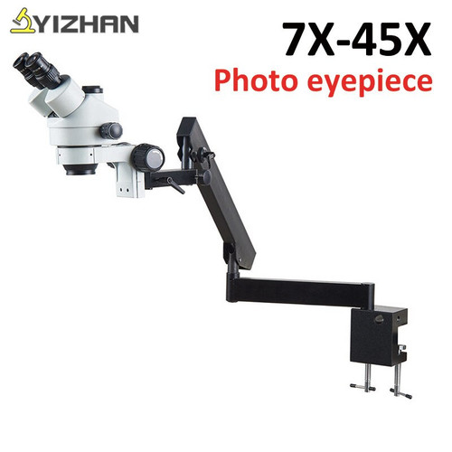 Simul-Focal 7X-45X Trinocular Stereo Microscope Articulating Arm Clamp Microscope Objective Lens 56 Light for soldering biology