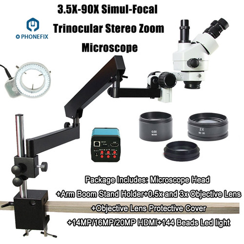 3.5X-90X Simul-focal Trinocular Stereo Zoom Microscope Extension-type Arm Boom Stand with 16MP 20MP HDMI Camera Phone PCB Solder