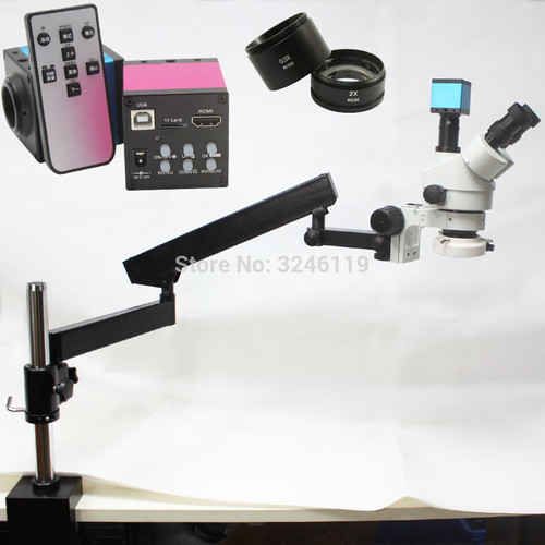 7X-90X Trinocular Industrial Inspection Microscope Long Arm Clamp Large Stereo Table Stand+14MP HDMI USB Camera+LED Light Source