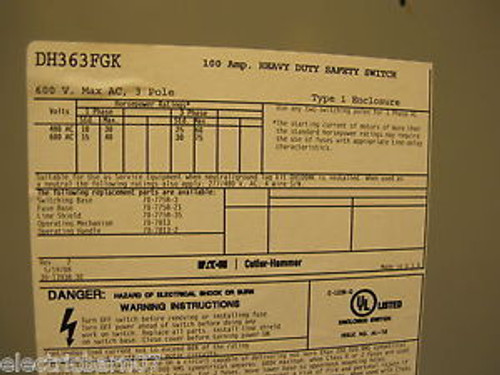 Cutler Hammer DH363FGK 100 Amp, 600 Volt, Fusible Disconnect