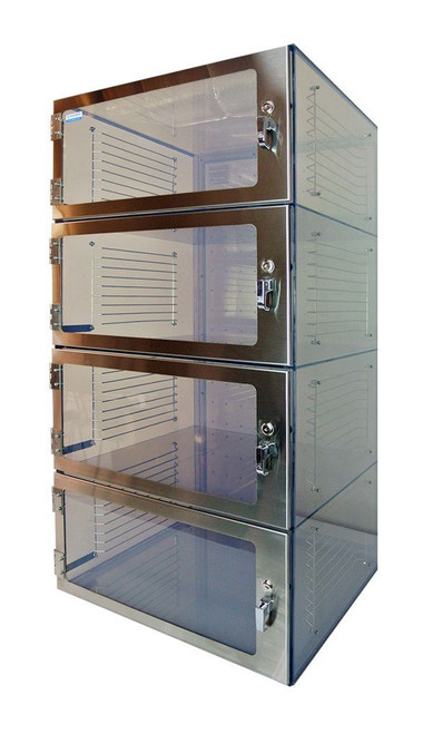 Four-Door Desiccator Cabinet Clear Acrylic, 18Wx18Dx48H In. With Gas Ports, Racks & Shelf.