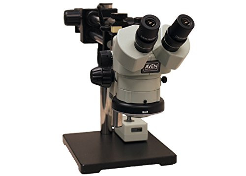 Aven 26800B-369 SPZ-50 Stereo Zoom Microscope on Double Arm Boom Stand with Integrated LED Ring Light