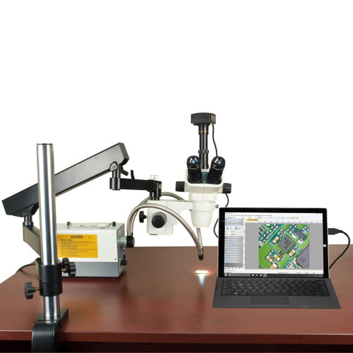 OMAX 2X-270X USB3 10MP Simal-focal Zoom Stereo Microscope on Articulating Arm with 150W Dual Fiber Light