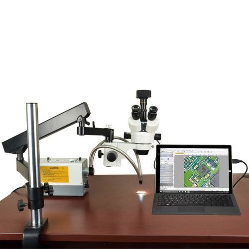 OMAX 2.1X-270X USB3 18MP Trinocular Zoom Stereo Microscope on Articulating Arm+150W Dual Fiber Light