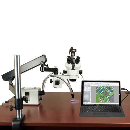 OMAX 2.1X-225X 5MP Digital Zoom Stereo Microscope on Articulating Arm with 30W LED Ring and Dual Lights