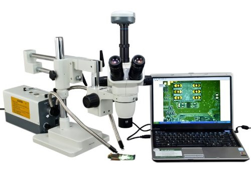 OMAX 2X-270X Digital Trinocular Simul-focal Zoom Dual-Bar Boom Stand Trinocular Stereo Microscope with Cold Y-Type Gooseneck Fiber Light and 9.0MP USB Camera