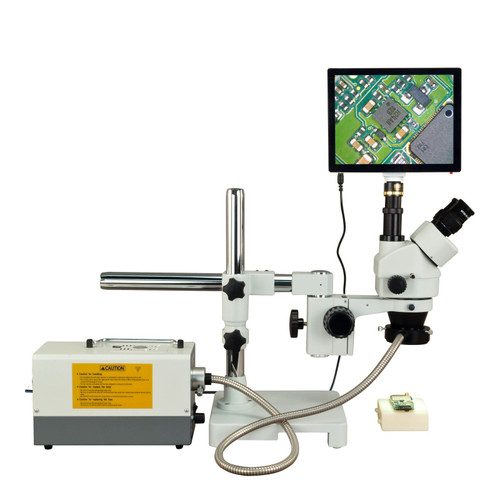 OMAX 2.1X-90X 5MP Touchscreen Trinocular Single Bar Boom Stereo Microscope with 150W Fiber Ringlight