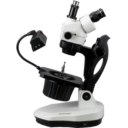 AmScope GM420TZ Trinocular Gemology Stereo Zoom Microscope, WH10x Eyepieces, 3.5X-90X Magnification, 0.7X-4.5X Zoom Objective, LED and Fluorescent Lighting, Inclined Pillar Stand, 110V-240V, Includes 0.5X and 2.0X Barlow Lenses