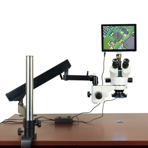 OMAX 3.5X-90X 5MP Touchscreen Stereo Microscope on Articulating Arm Stand with 144 LED Ring Light