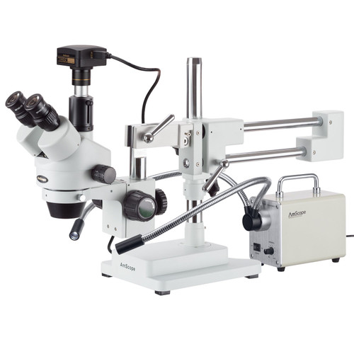 AmScope 3.5X-180X Simul-Focal Trinocular Boom Stereo Microscope with LED Fiber Optic Light and 18MP USB3 Camera