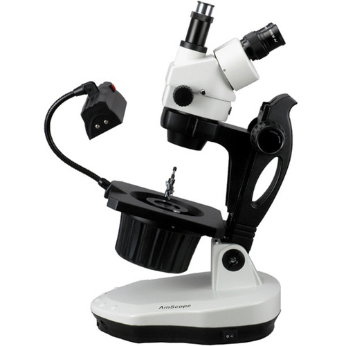 AmScope GM400T Trinocular Gemology Stereo Zoom Microscope, WH10x Eyepieces, 7X-45X Magnification, 0.7X-4.5X Zoom Objective, Halogen and Fluorescent Lighting, Inclined Pillar Stand, 110V-120V