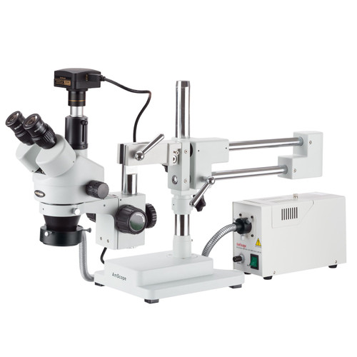 AmScope 3.5X-90X Simul-Focal Stereo Zoom Microscope on Boom Stand with Fiber Light and 18MP USB3 Camera