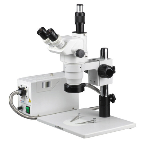 AmScope ZM-1TZ3-FOR Professional Trinocular Stereo Zoom Microscope, EW10x Eyepieces, 2x-90x Magnification, 0.67X-4.5X Zoom Objective, Fiber-Optic Ring Light, Large Pillar-Style Table Stand, 110V-120V, Includes 0.3x and 2.0x Barlow Lenses