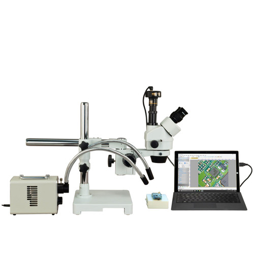 OMAX 2.1X-225X 10MP Zoom Stereo Boom Stand Trinocular Microscope with 30W LED Fiberoptic Light
