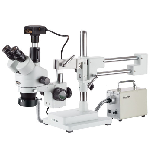 AmScope 7X-90X Simul-Focal Trinocular Boom Stereo Microscope with LED Fiber Light and 3MP USB3 Camera