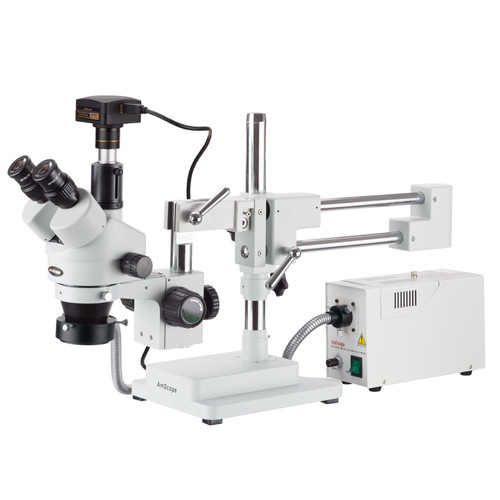 AmScope 7X-90X Simul-Focal Stereo Zoom Microscope on Boom Stand with Fiber Light and 18MP USB3 Camera