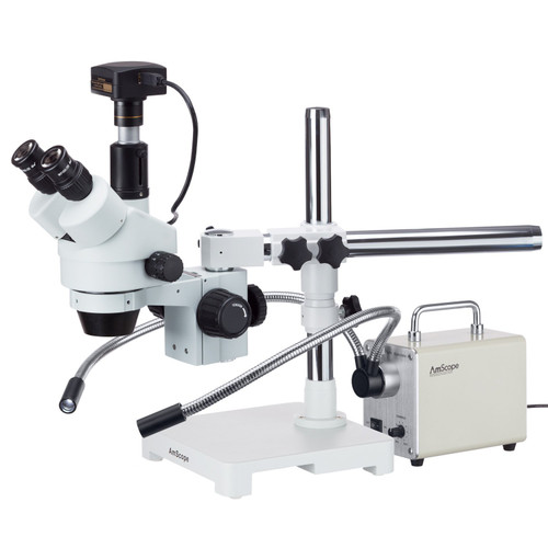 AmScope 3.5X-90X Boom Stand Trinocular Zoom Stereo Microscope with a Fiber-Optic LED Illuminator and 10MP USB3 Camera