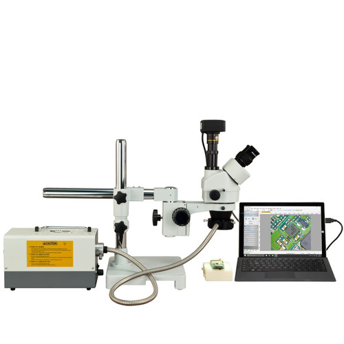 OMAX 3.5X-90X 18MP USB3 Zoom Trinocular Single Bar Boom Stereo Microscope with 150W Fiber Ring Light