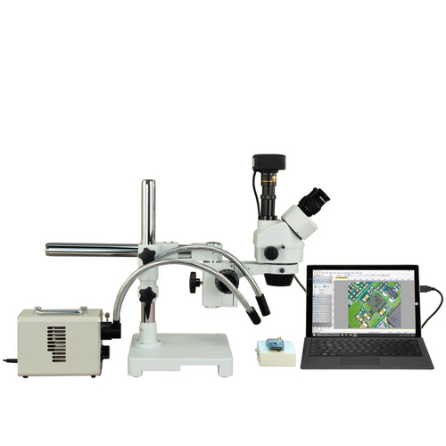 OMAX 2.1X-225X 10MP USB3 Zoom Stereo Boom Stand Trinocular Microscope with 20W LED Dual Fiber Light