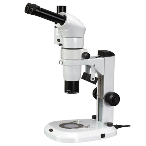 AmScope PM200T Trinocular Common Main Objective Stereo Zoom Microscope, WH10x Eyepieces, 8X-50X Magnification, 0.8X-5.0X Zoom Objective, Pillar Stand, 100V-240V