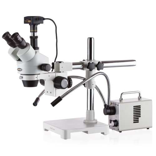 AmScope 3.5X-45X Boom Stand Trinocular Zoom Stereo Microscope with Fiber-Optic LED Illuminator + 16MP USB3.0 Camera