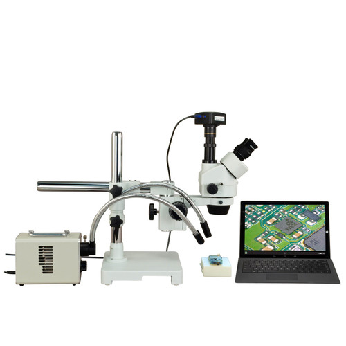 OMAX 2.1X-225X 720p WiFi Zoom Stereo Boom Stand Trinocular Microscope with 30W LED Fiberoptic Light