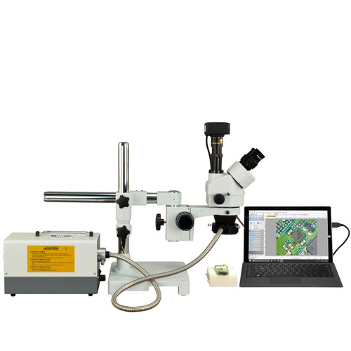 OMAX 3.5X-90X 14MP USB3 Zoom Trinocular Single Bar Boom Stereo Microscope with 150W Fiber Ring Light