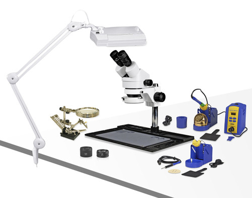 Parco Scientific PA-10EZ-IFR07-SD3 Binocular Stereo Zoom 7x-45x Microscope with Hakko Single Port Solder Station FX-951 and Micro-Soldering Kit FM-2032, Magnifier Lamp, Cell Phone Repair Platform